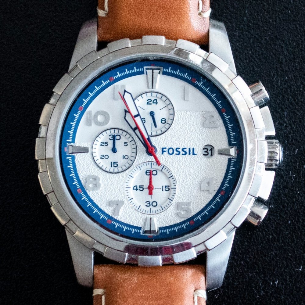 Fossil Men's Leather Silver Dial Quartz Watch